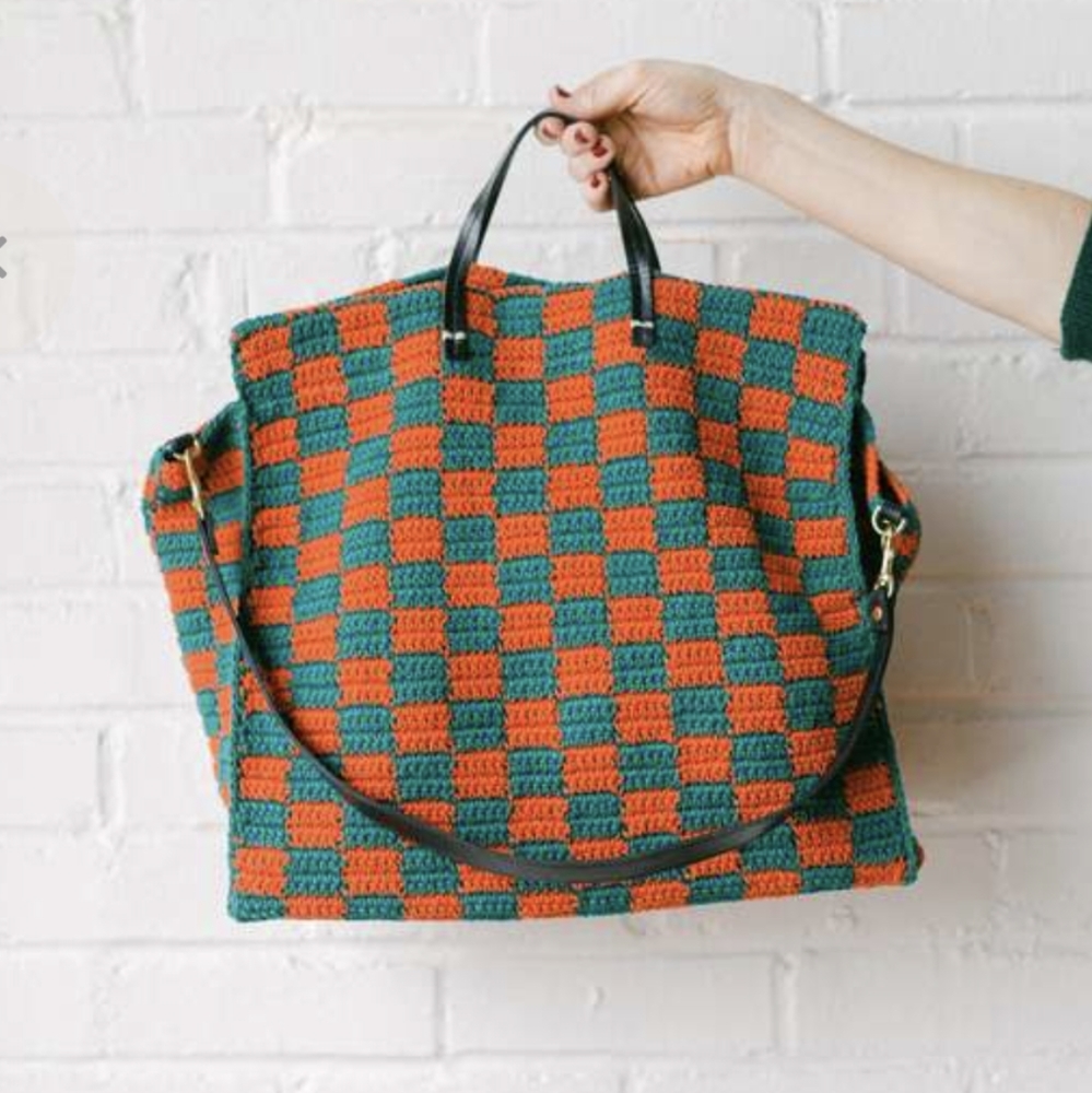 Clare V deep sea and blood orange Crochet Checkerboard Tote